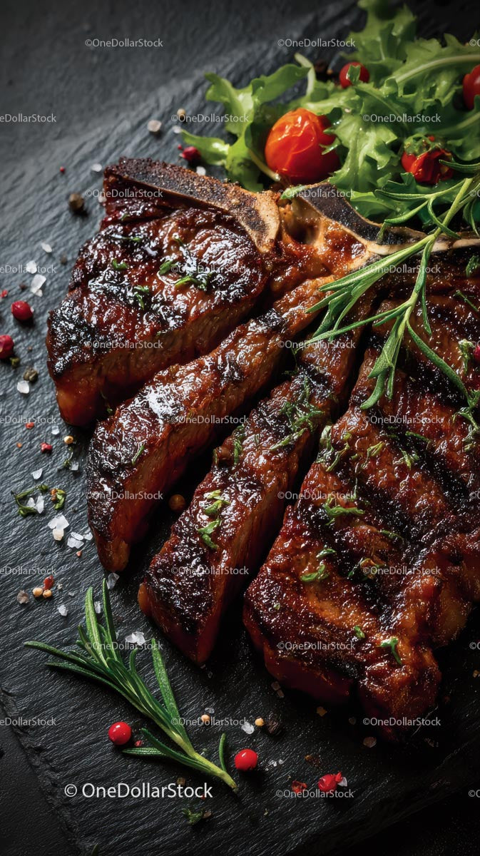 Grillowany stek z rozmarynem i świeżą sałatką na łupku