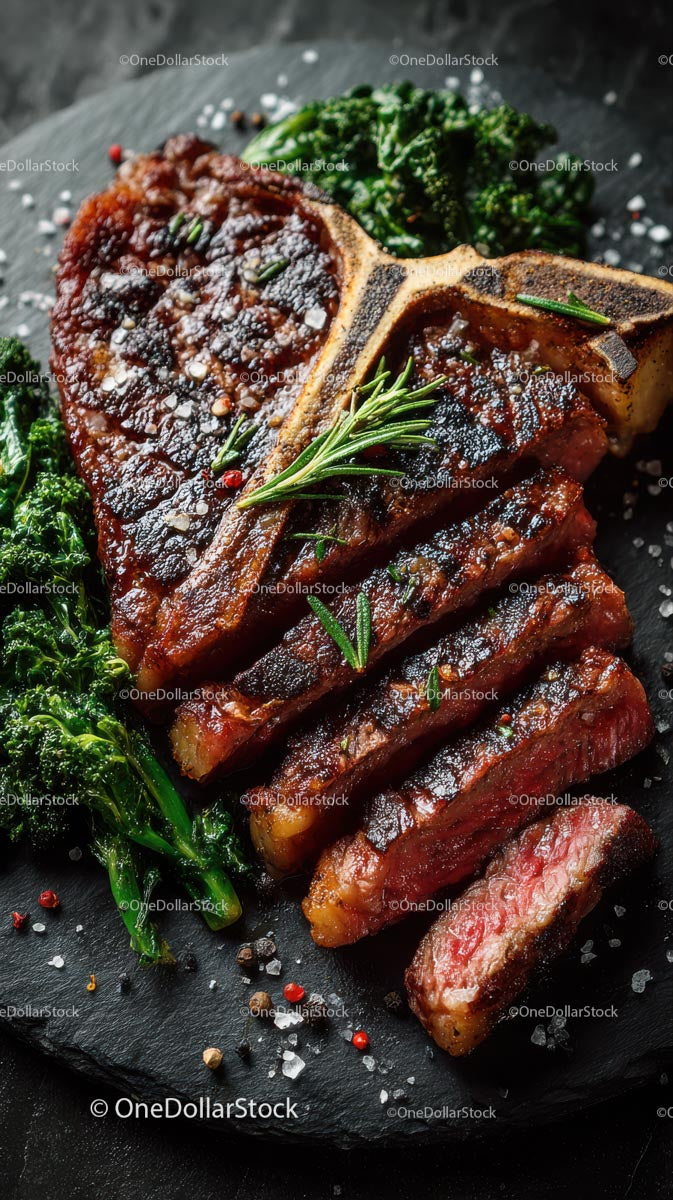 Sizzling T-Bone Steak with Fresh Rosemary and Greens