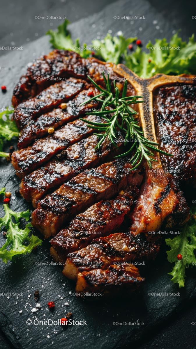 Grilled T-Bone Steak with Rosemary and Lettuce