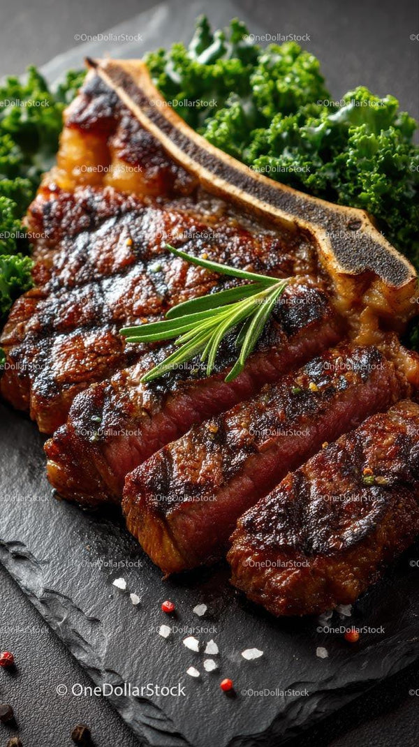 Grilled T-Bone Steak with Fresh Kale and Rosemary