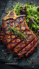 Grilled Steak with Fresh Green Leaves and Rosemary