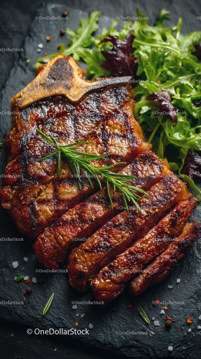 Grilled Steak with Fresh Green Leaves and Rosemary