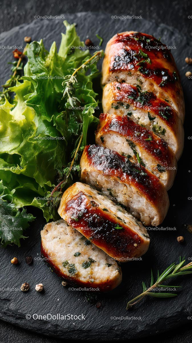 Grillowana kiełbasa ze świeżymi ziołami i zielonymi liśćmi