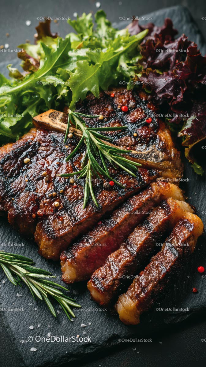 Grillowany stek Ribeye ze świeżym rozmarynem i sałatą