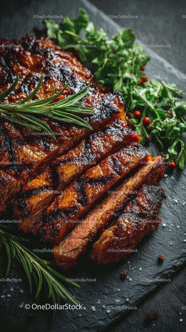 Sliced Grilled Steak with Rosemary and Fresh Greens