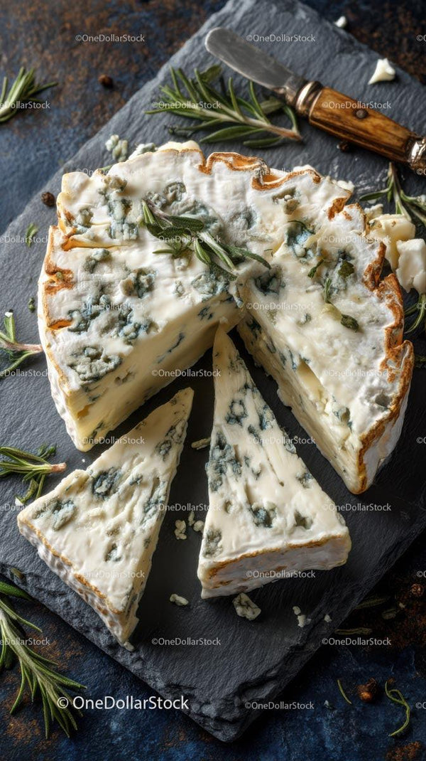 Sliced Blue Cheese on Slate with Rosemary