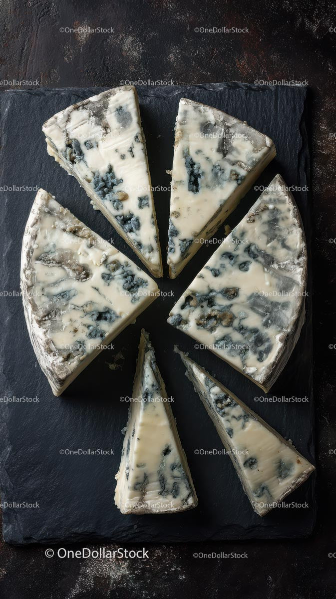 Slices of Gourmet Blue Cheese on a Slate Board