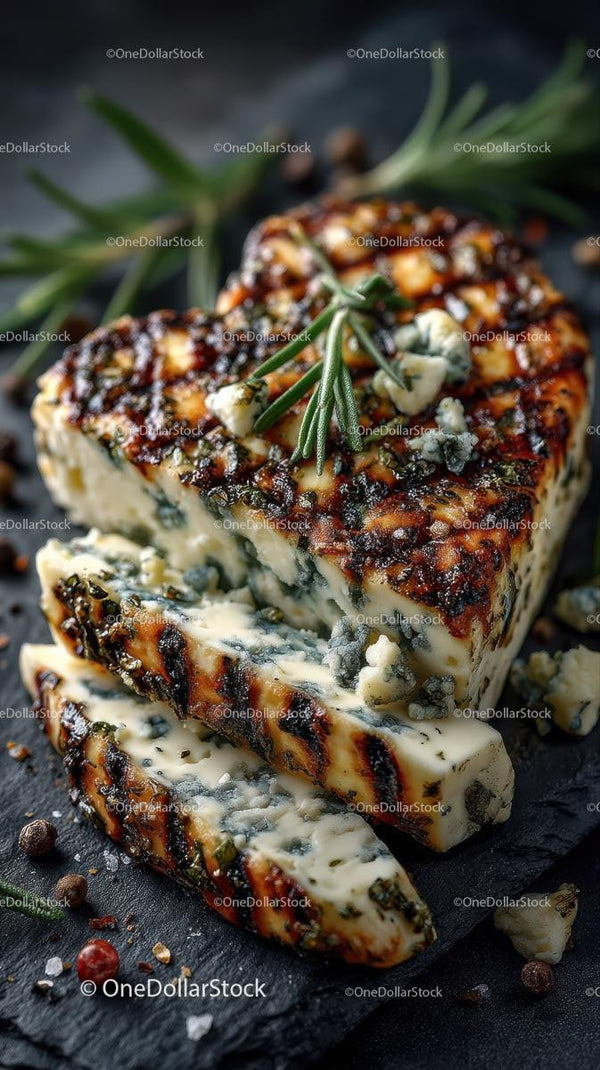 Grilled Blue Cheese with Rosemary Garnish on Slate Board