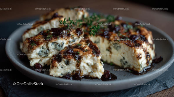 Baked Cheese with Herbs and Glaze on Rustic Plate