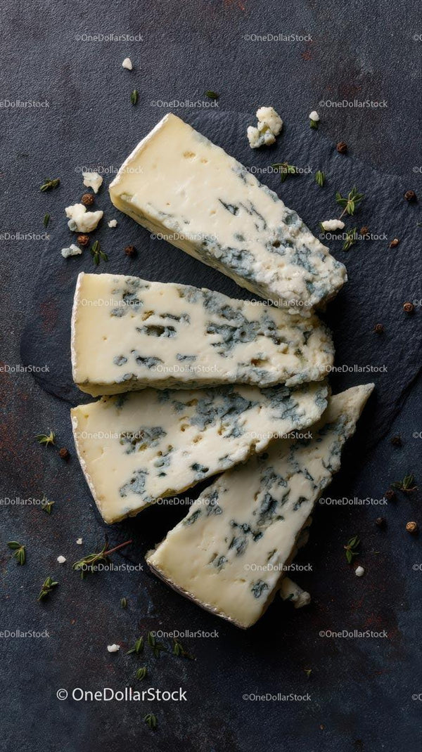 Slices of Gourmet Blue Cheese on Dark Slate