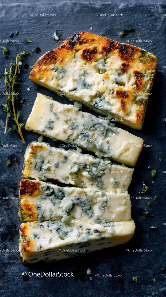 Slices of Gourmet Blue Cheese on Slate Surface