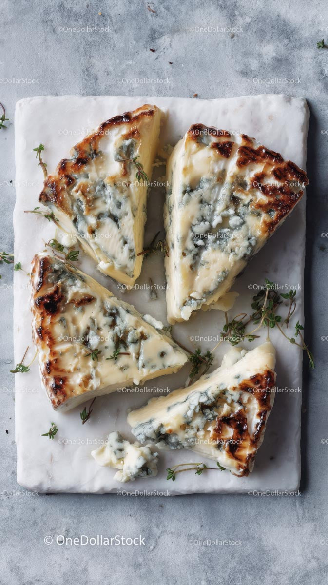 Gourmet Blue Cheese Slices on Marble Board