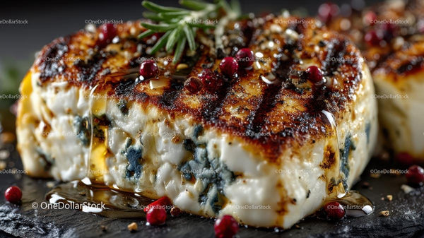 Grilled Blue Cheese with Honey and Rosemary Garnish