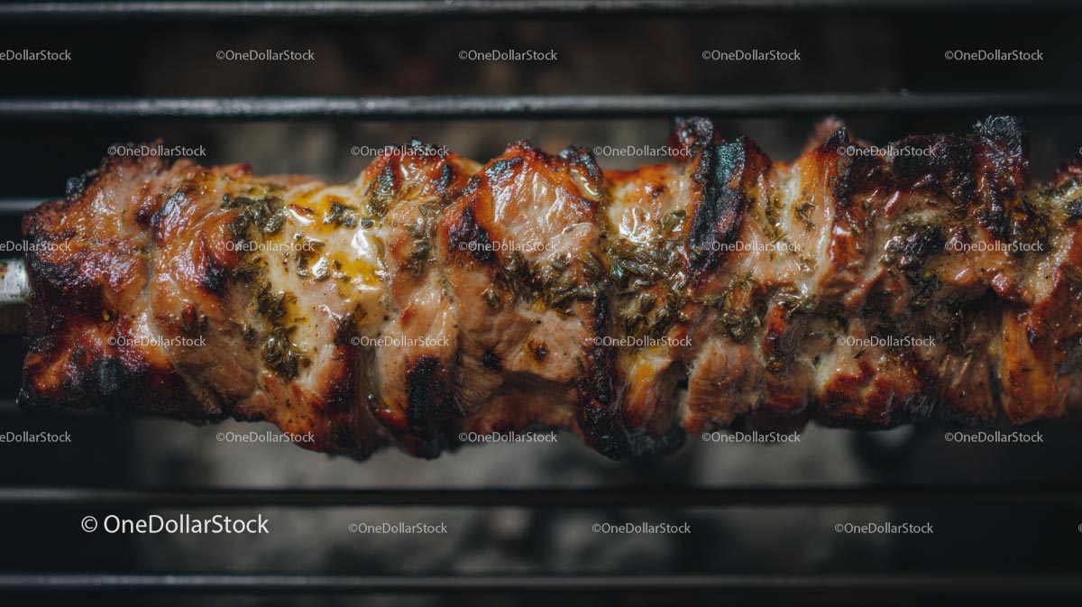 Juicy Grilled Meat Skewer with Herbs on Barbecue