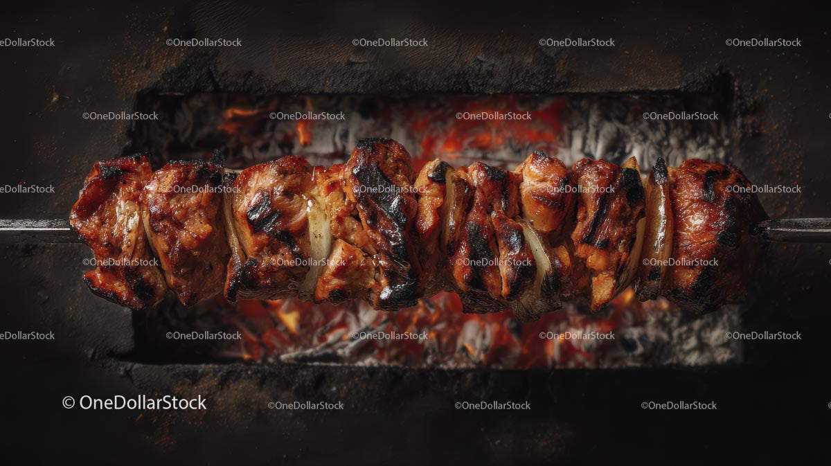 Soczyste grillowane mięso na szpikulcu nad płomieniem węgla drzewnego