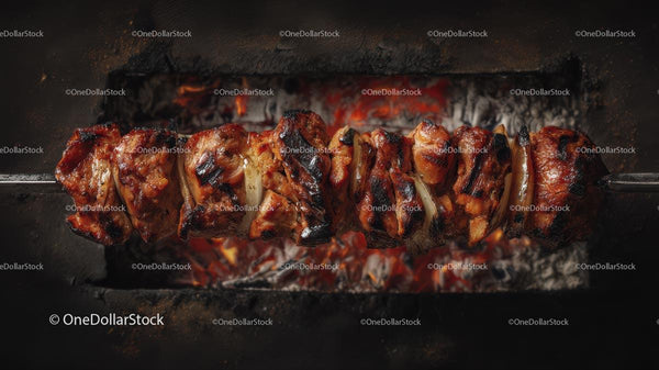 Juicy Grilled Meat on Skewer Over Charcoal Flame
