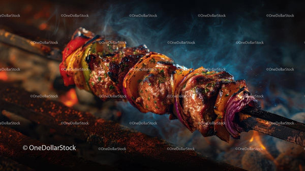 Juicy Grilled Skewer with Vegetables on Charcoal Grill