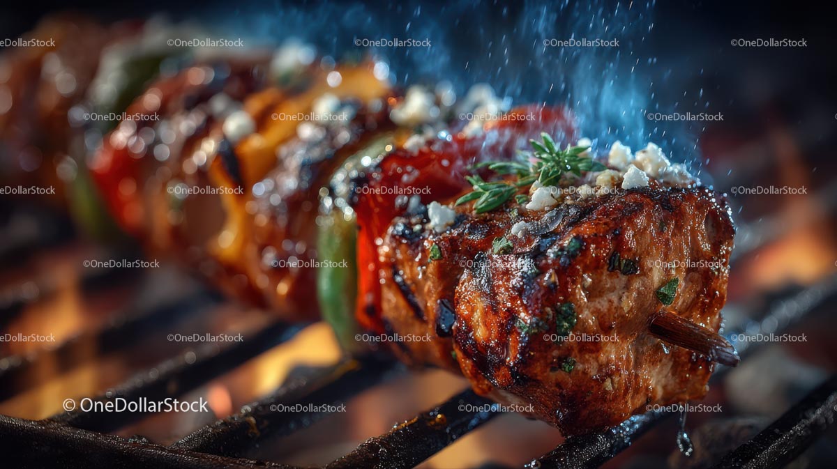 Sizzling Grilled Meat and Vegetable Skewers on Barbecue