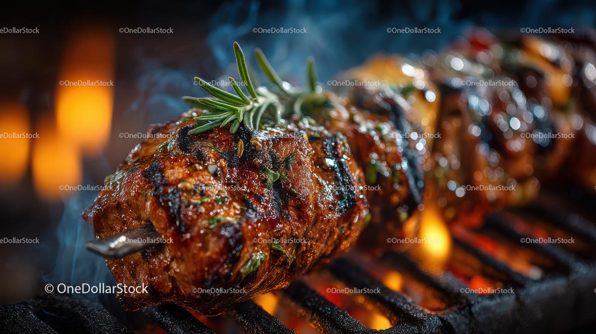 Juicy Grilled Meat Skewer with Rosemary on Barbecue