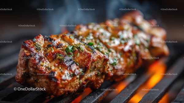 Juicy Grilled Steak with Fresh Herbs on Hot BBQ