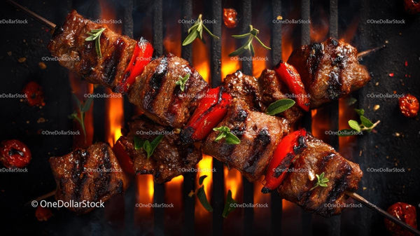 Grilled Meat Skewers with Red Peppers on Fire Grill