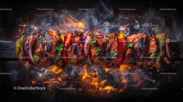 Grilled Meat and Vegetable Skewer Over Open Flames