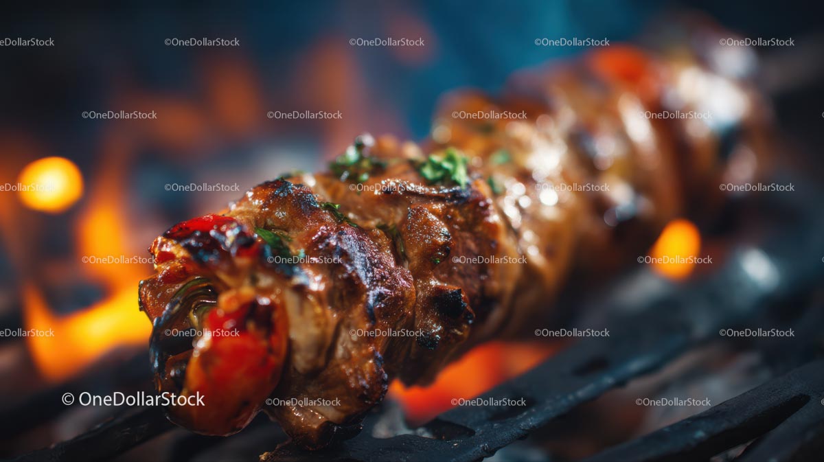 Juicy Grilled Meat Skewer with Fresh Herbs on Barbecue
