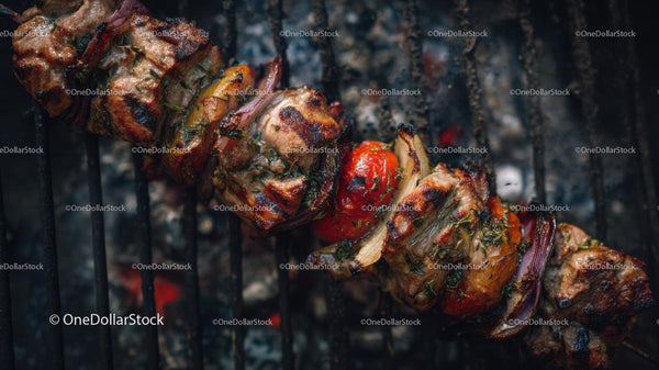 Delicious Grilled Skewers with Vegetables on Barbecue