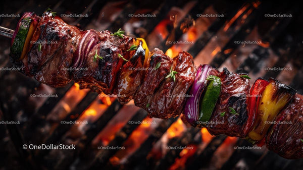 Juicy Grilled Skewer with Vegetables on Open Flame