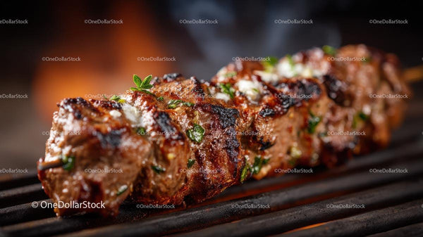 Juicy Grilled Skewer with Fresh Herbs on Flaming BBQ