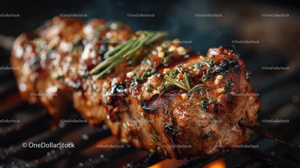 Succulent Barbecue Steak with Rosemary on a Grill