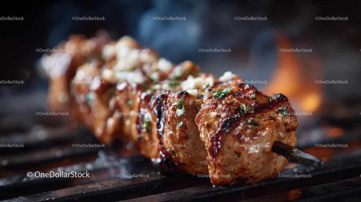 Juicy Grilled Meat Skewer on Open Flame Barbecue