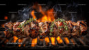 Sizzling Beef Skewer with Fresh Thyme on a Charcoal Grill