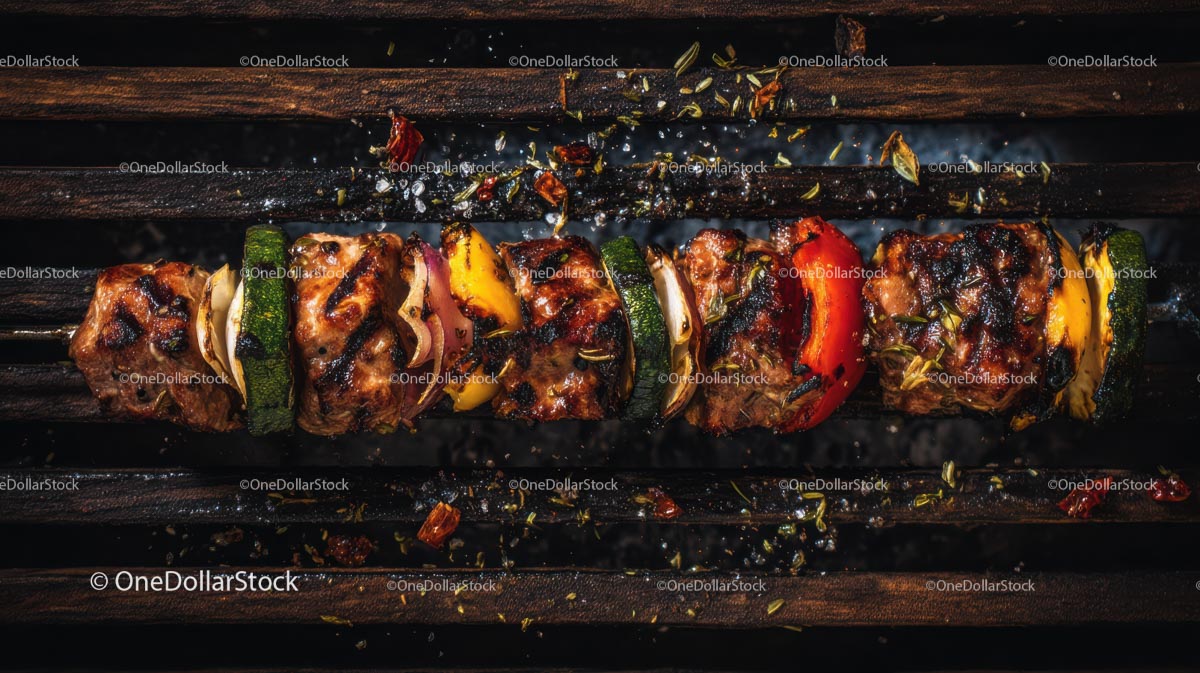 Grilled Meat and Vegetable Skewers on BBQ Grill