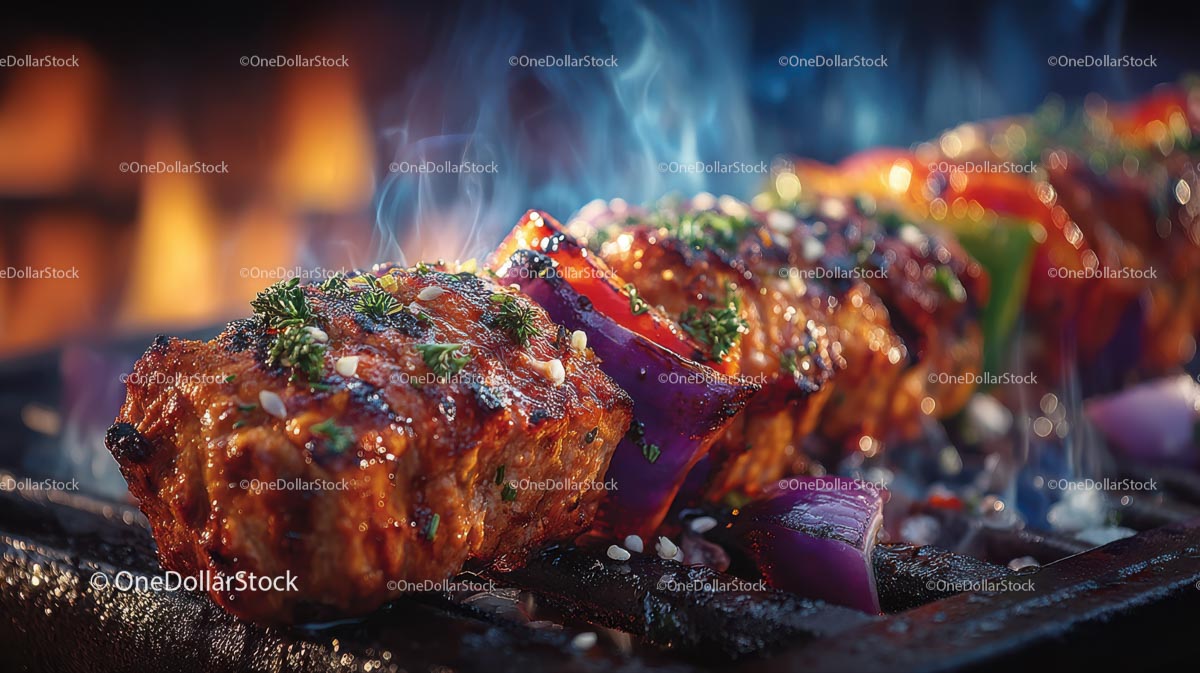 Juicy Grilled Meat with Colorful Vegetables on Skewers