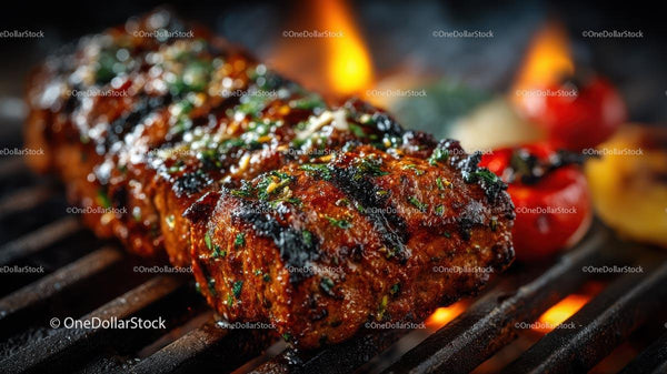 Grilled Steak Sizzling on Open Flame BBQ Grill