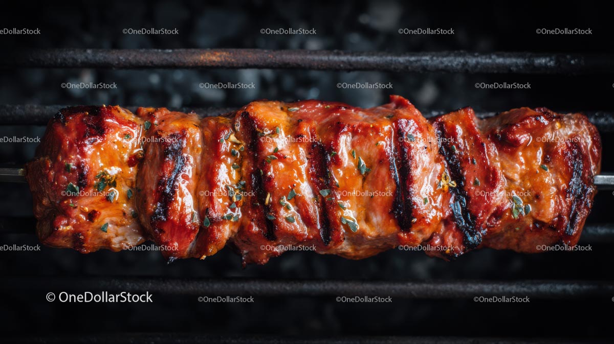 Juicy Skewered Meat Cooking on Grill