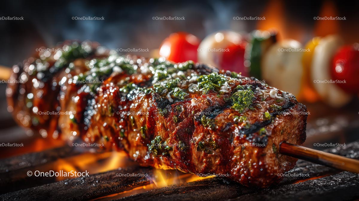 Soczysty szaszłyk z grillowanego mięsa ze świeżymi ziołami na grillu