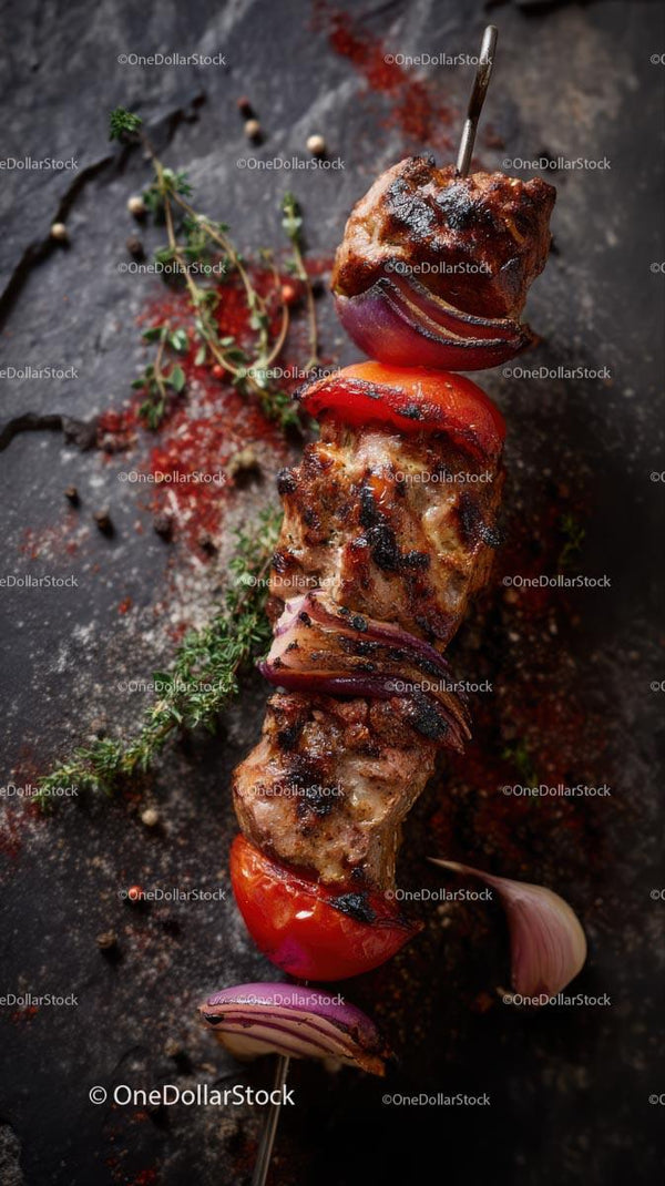 Grilled Meat Kebab with Vegetables on Skewer