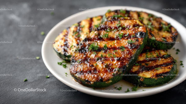 Grilled Zucchini Slices on a White Plate