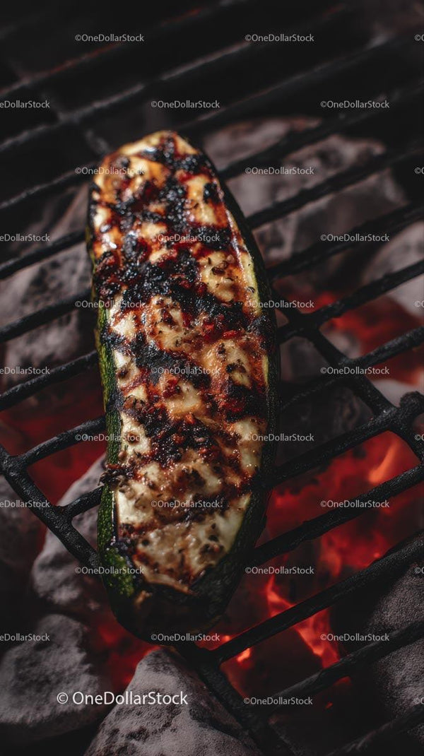 Grilled Zucchini Slice on a Hot Charcoal BBQ Grill