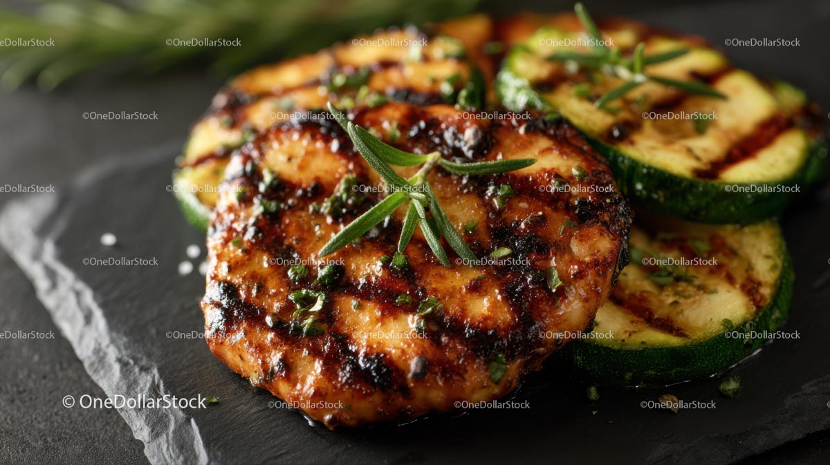 Grilled Chicken with Zucchini and Rosemary Garnish