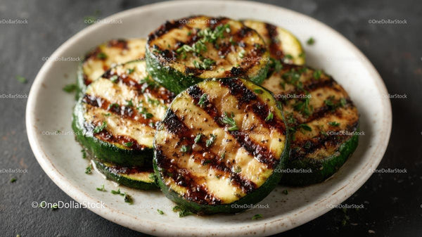 Grilled Zucchini Slices with Fresh Herbs on Rustic Plate