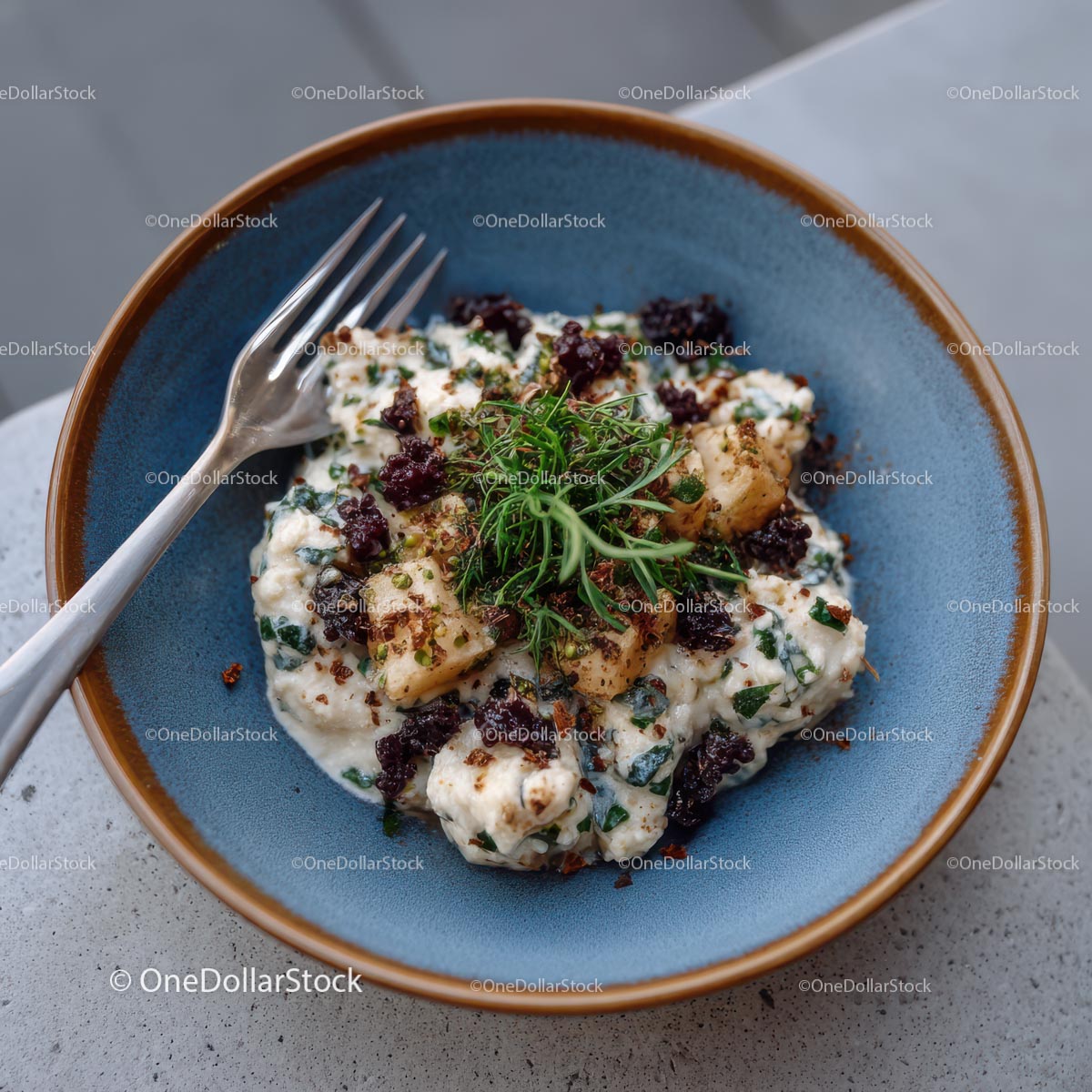 Creamy Pasta with Fresh Herbs in a Blue Ceramic Bowl