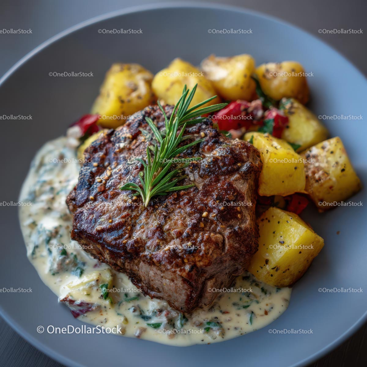 Grillowany stek z rozmarynem i pieczonymi ziemniakami