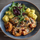 Gourmet Shrimp Dish with Creamy Sauce and Fresh Salad