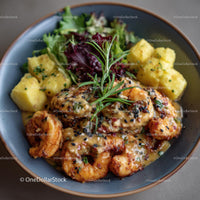Gourmet Shrimp Dish with Creamy Sauce and Fresh Salad
