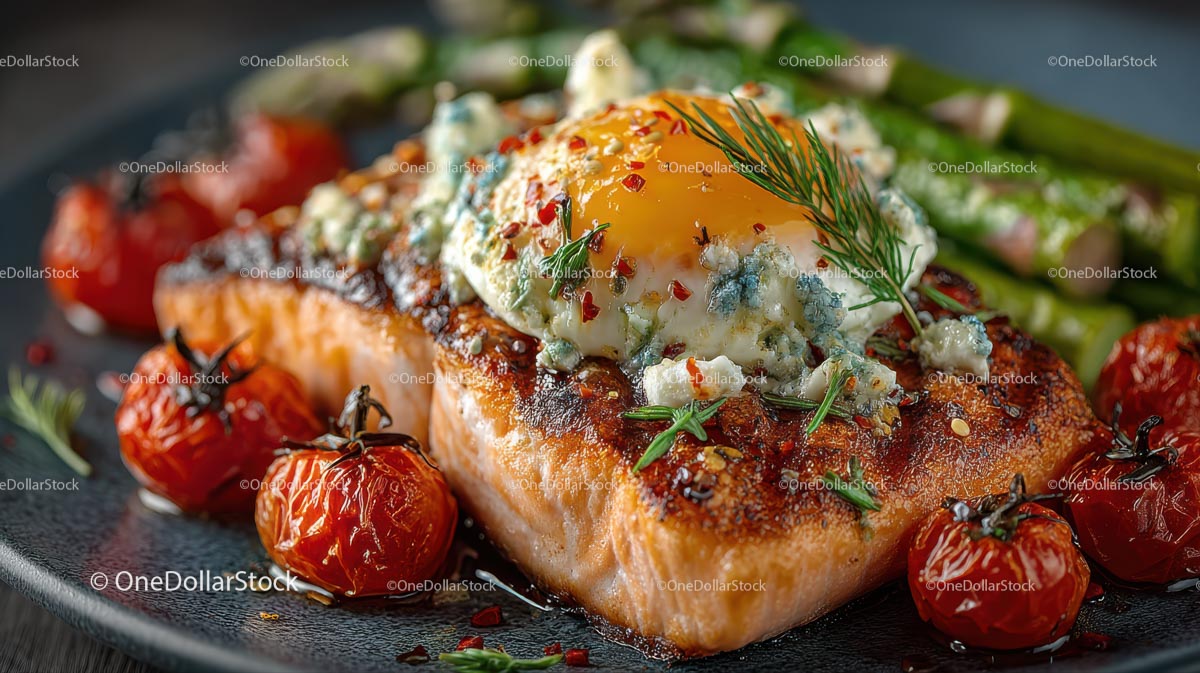 Gourmet Grilled Salmon with Egg and Blue Cheese