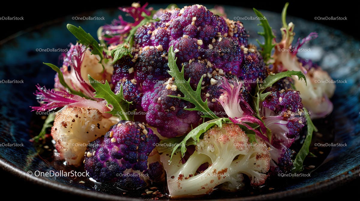 Vibrant Purple Cauliflower Dish with Fresh Greens
