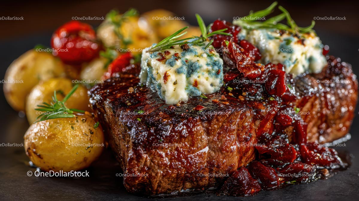 Grillowany stek z serem pleśniowym i pieczonymi ziemniakami